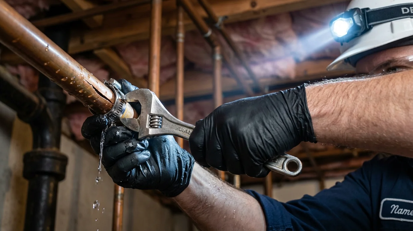 Emergency pipe clamp repair being performed by a Johns Plumbing LLC plumber in Leetsdale