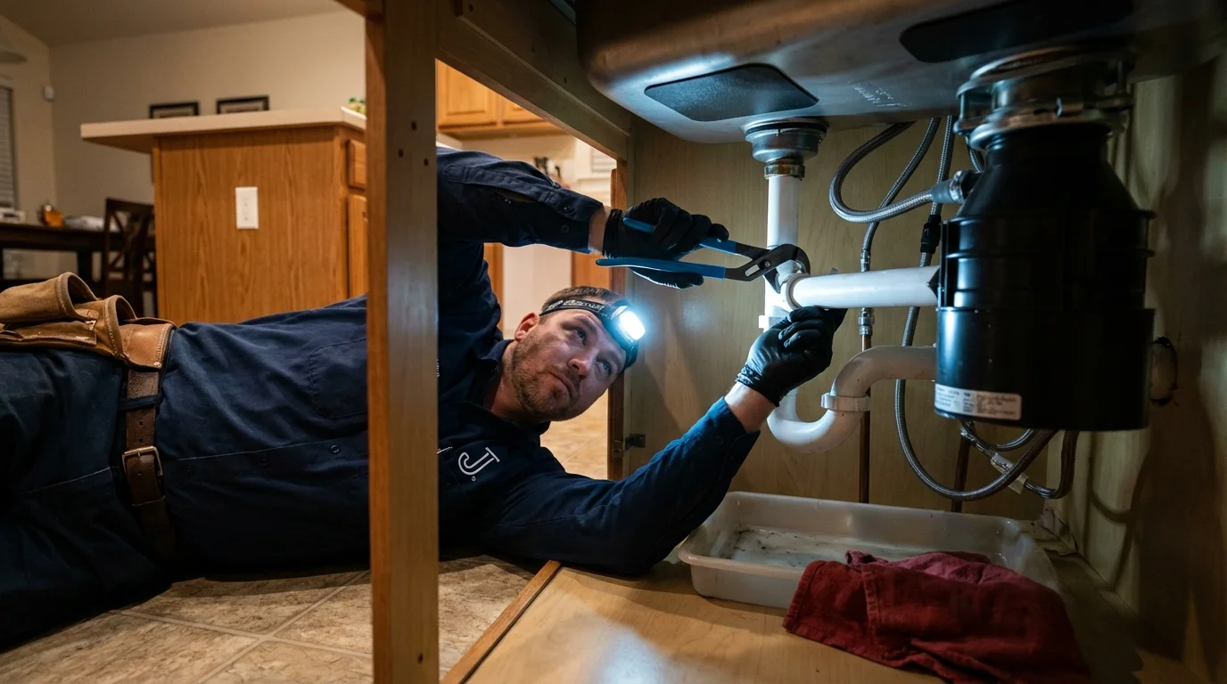 P-trap and supply line connections under a kitchen sink showing a common leak point in Leetsdale, PA